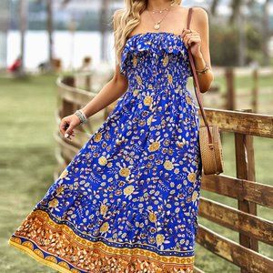 Bohemian Strapless Slit Midi Dress